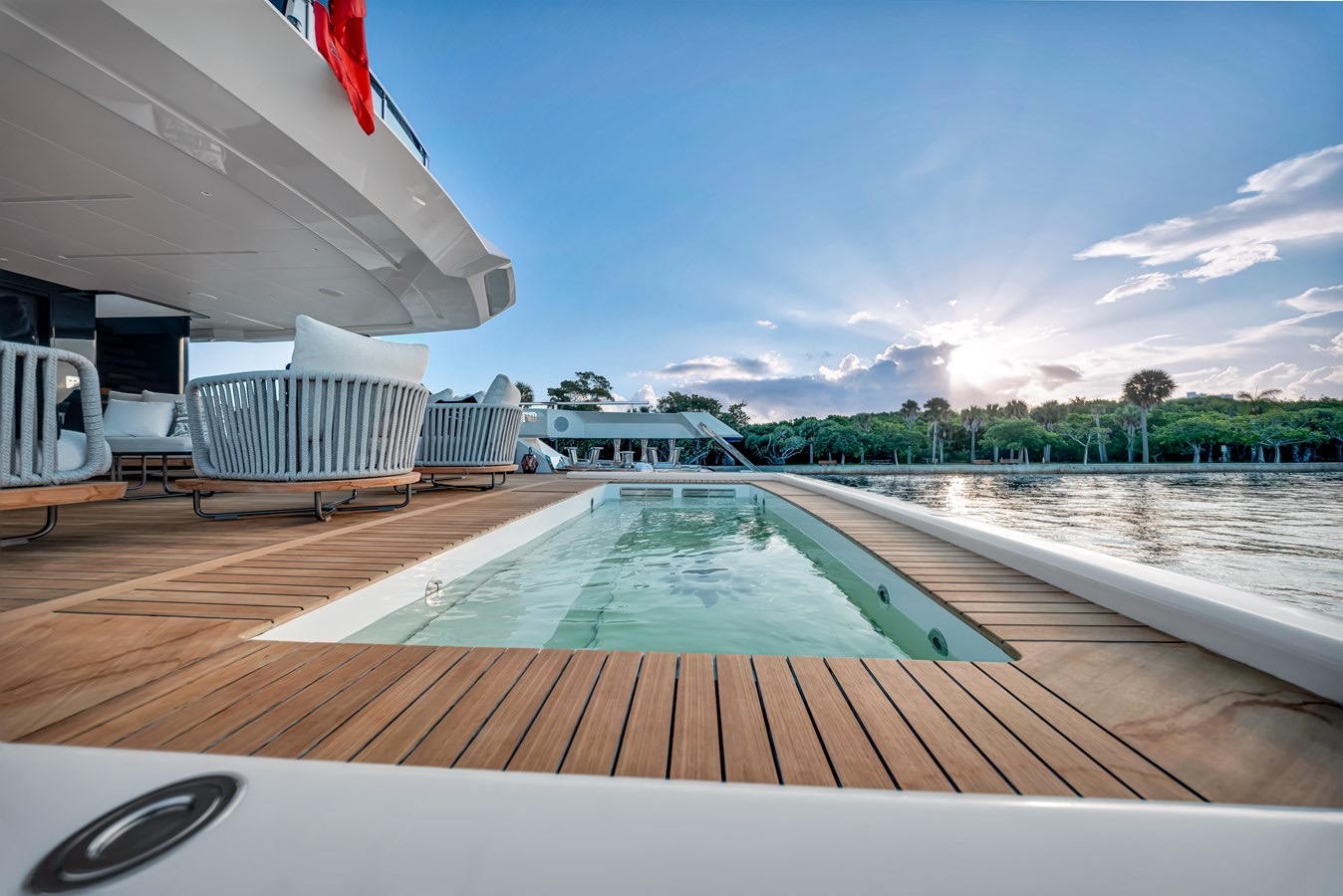 Jules’ aft-deck pool bordered by teak decking